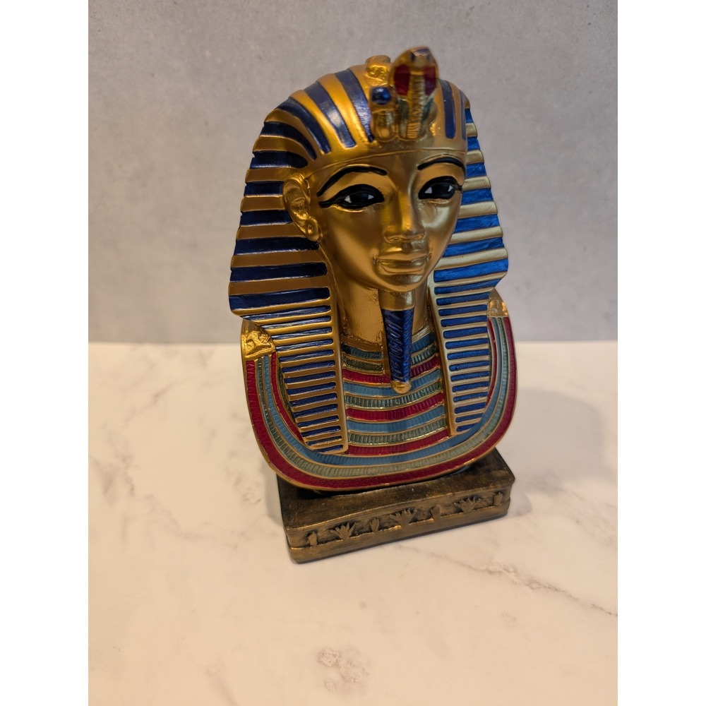 King Tutankhamun Bust Statue Gold Blue Egyptian Pharaoh Resin Figurine 6.5 inch